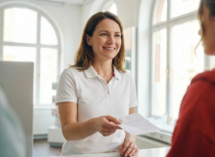 Eine Frau überreicht ein Dokument