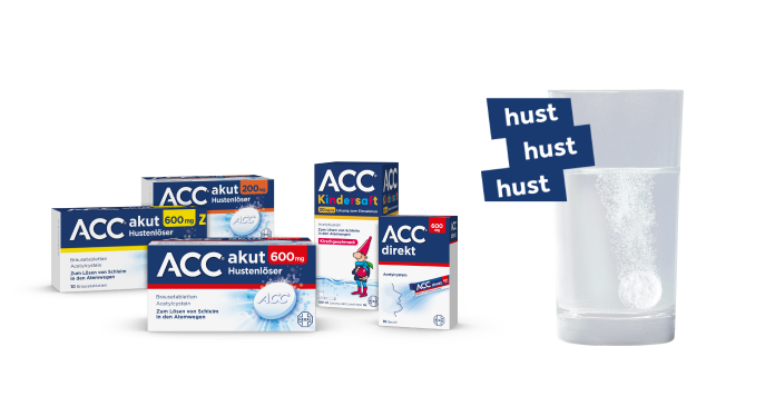 Anzeige für ACC akut. Sie husten. Wir lösen. ACC®. Das passende Produkt für jeden in der Familie.
